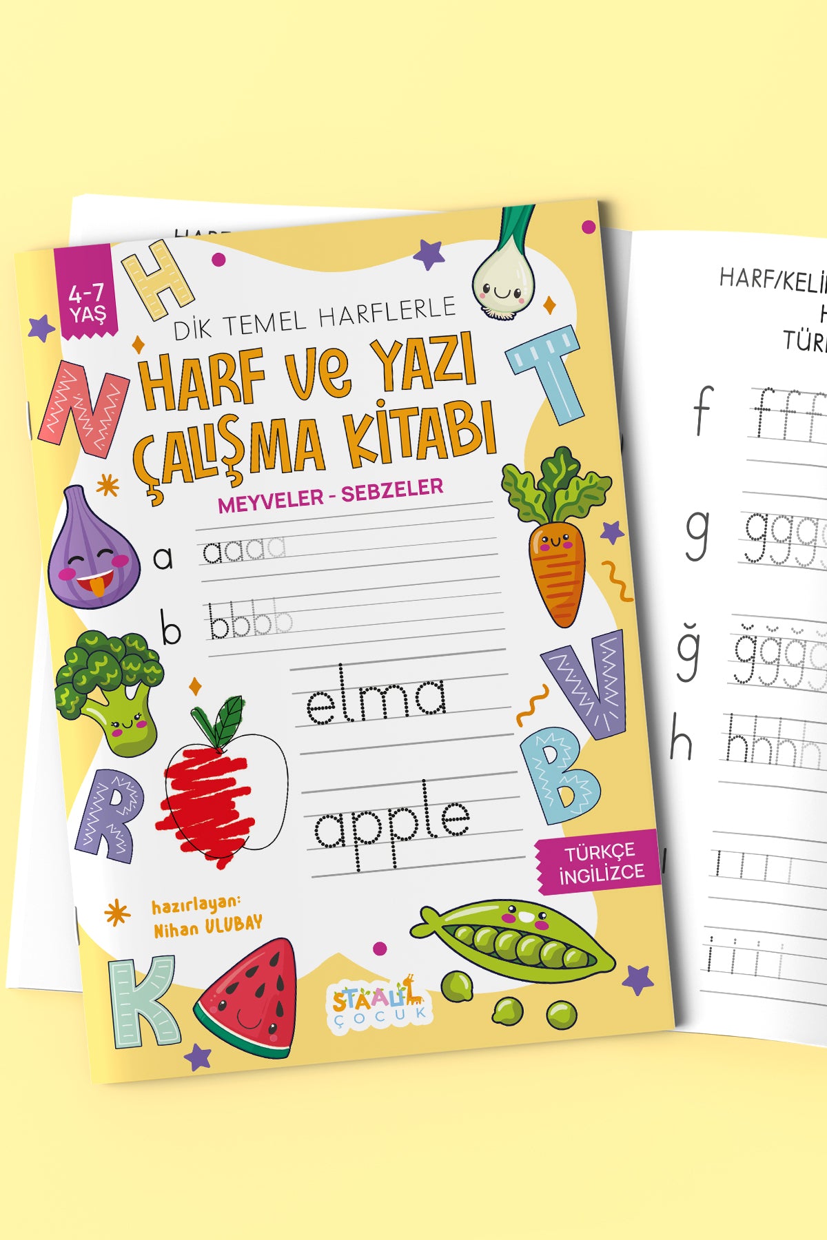Harf ve Yazı Çalışma Kitabı - Meyveler / Sebzeler (Boyama ve Aktivite Kitabı)