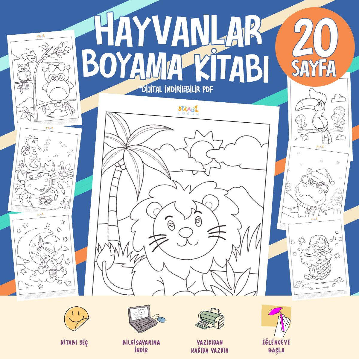 Hayvanlar Boyama Kitabı - Dijital İndirilebilir Kitap (PDF)