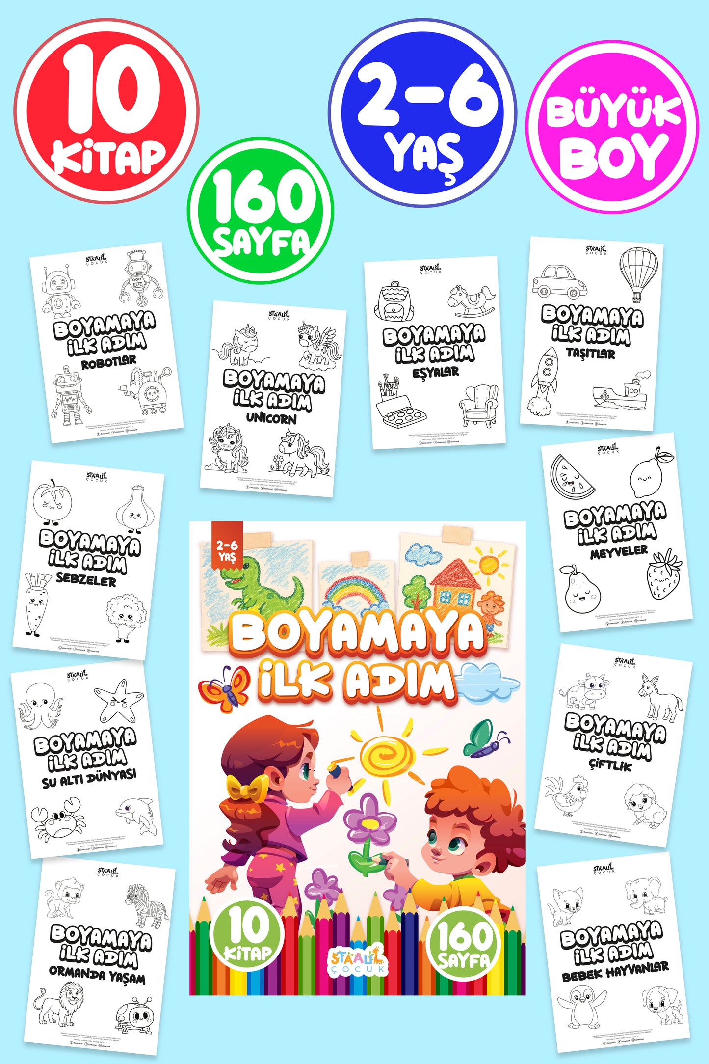 Boyamaya İlk Adım 2-6 Yaş - Okul Öncesi Boyama Kitabı Seti - 10 Kitap - 160 Sayfa