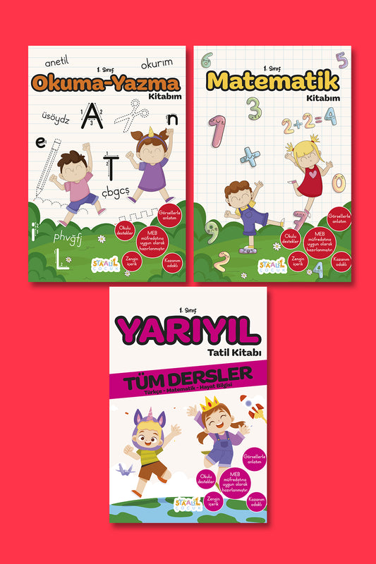 İlkokul 1. Sınıf Kaynak Kitapları Seti (3 KİTAP) - Okuma Yazma (ANETİL) - Matematik - Yarıyıl Tatil