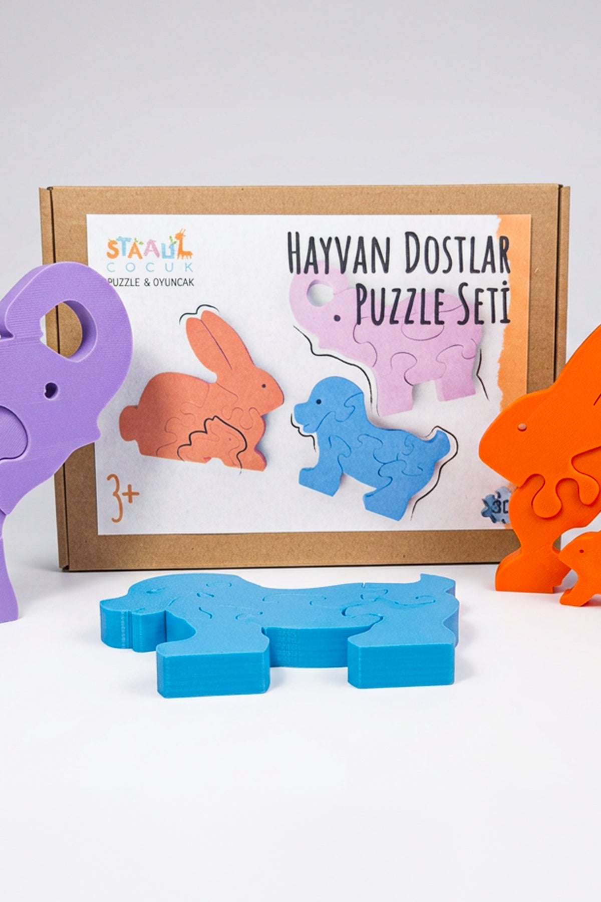 Hayvan Dostlar Puzzle Seti – Tavşan, Fil, Köpek Figürlü Renkli Eğitici Çocuk Puzzle Oyuncağı 3+ Yaş