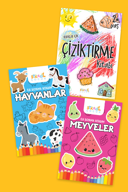 Boyamaya Başlangıç - Bebek Boyama Kitapları Seti (3 Kitap) (Çiziktirme - Hayvanlar - Meyveler)