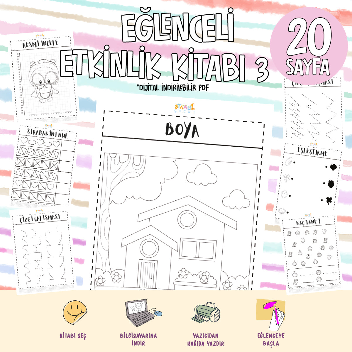 Eğlenceli Etkinlik ve Boyama Kitabı 3 - Dijital İndirilebilir Kitap (PDF)