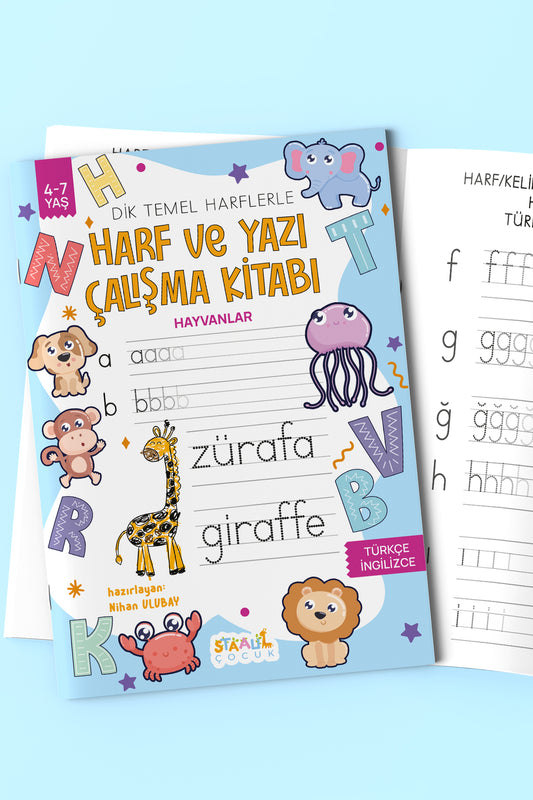 Harf ve Yazı Çalışma Kitabı - Hayvanlar (Boyama ve Aktivite Kitabı)