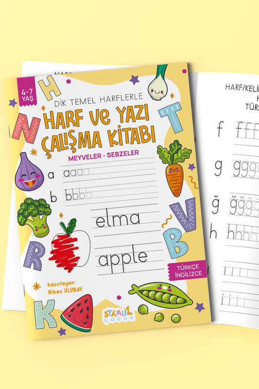 Harf ve Yazı Çalışma Kitabı - Meyveler / Sebzeler (Boyama ve Aktivite Kitabı)