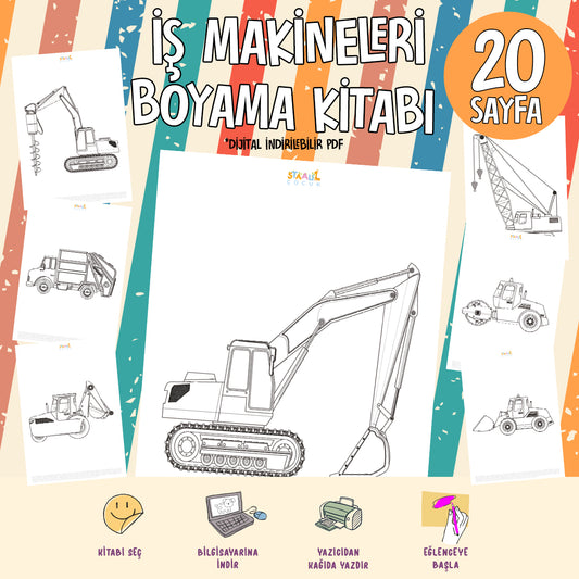 İş Makineleri Boyama Kitabı - Dijital İndirilebilir Kitap (PDF)