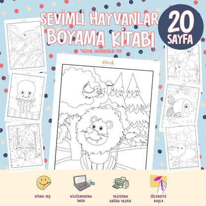 Sevimli Hayvanlar Boyama Kitabı - Dijital İndirilebilir Kitap (PDF)