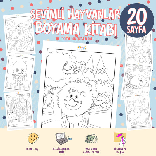 Sevimli Hayvanlar Boyama Kitabı - Dijital İndirilebilir Kitap (PDF)