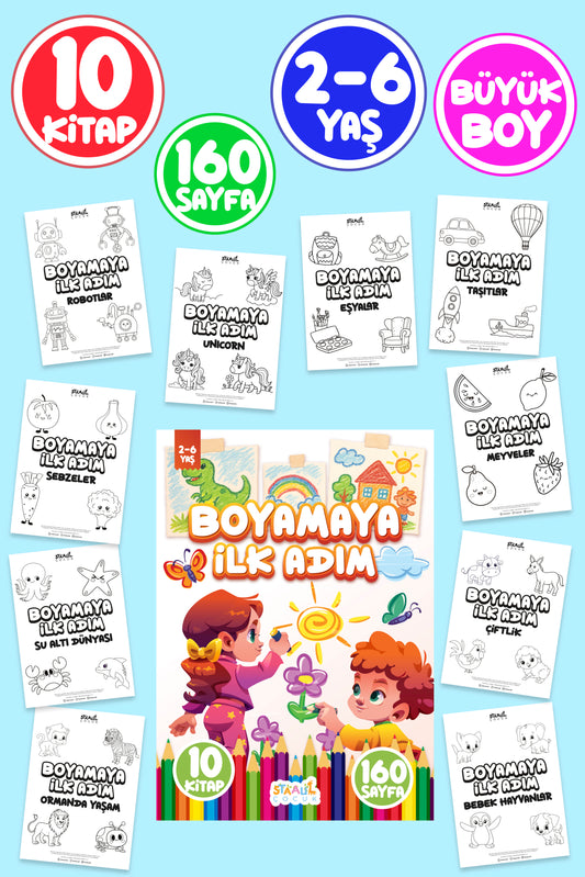 Boyamaya İlk Adım 2-6 Yaş - Okul Öncesi Boyama Kitabı Seti - 10 Kitap - 160 Sayfa